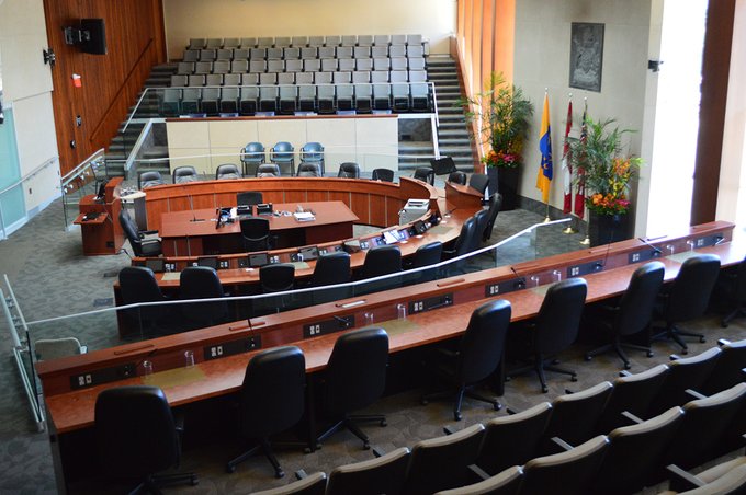 Empty City Council Chambers, gallery seating and meeting circle
