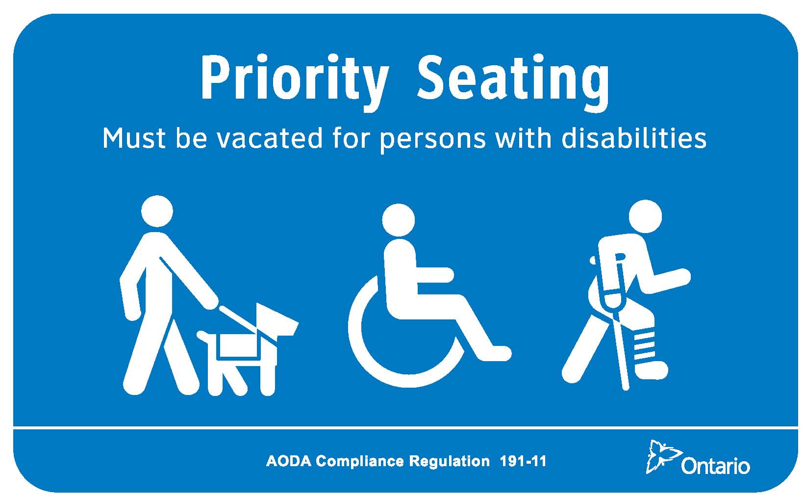 Graphic that shows icon of a service dog, wheelchair and crutches below the text "Priority Seating - Must be vacated for persons with disabilities"