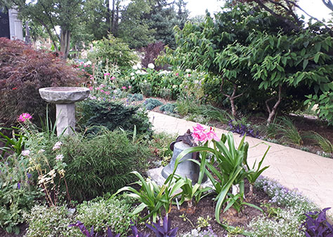 Cemetery garden with fountain and walkway