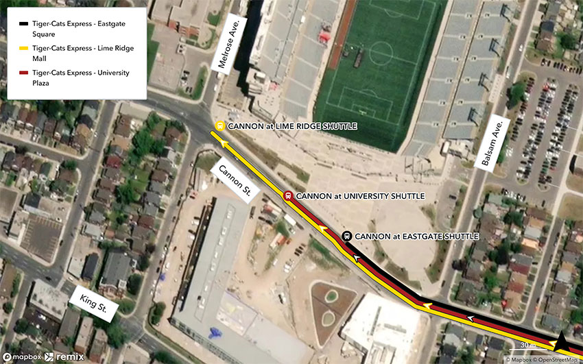 Map of TiCat Express Shuttle Tim Hortons Field Stop