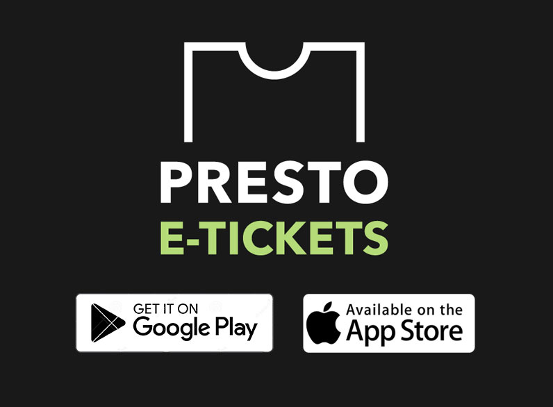 Presto E-Tickets logo, Google Play logo, Apple App Store logo