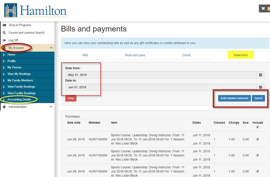 Screenshot of the Bills and Payments page of the Legend registration system. 