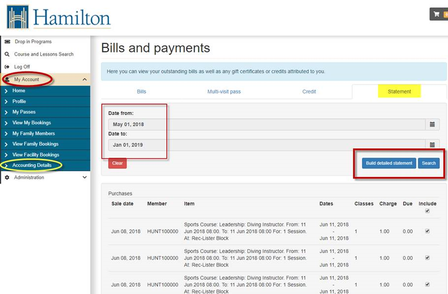 Screenshot of the Bills and Payments page of the Legend registration system.