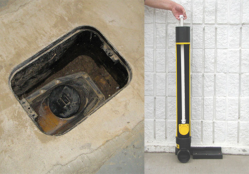 Image of an installation of a backwater valve, and an example of an adapt-a-valve