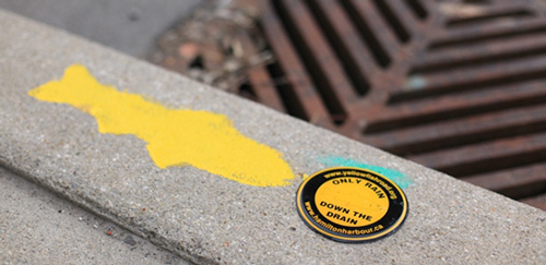 Yellow fish marking next to city catch basin