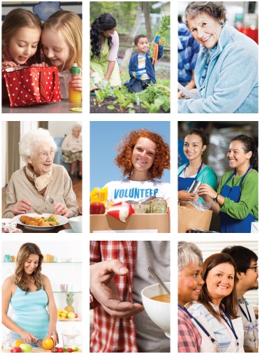 mosaic of people preparing food, shopping for food, gardening and eating