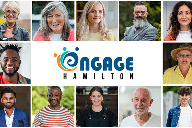 Mosaic of people of different ages, genders, ethnicity with Engage Hamilton logo in the centre.