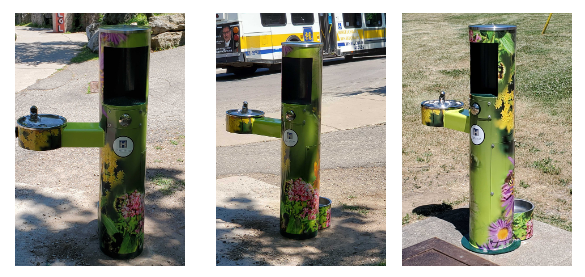 City fountain wrapped in flower graphics