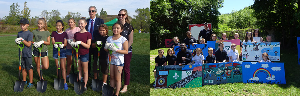 Collage of teams who have adopted a park, Group of kids holding shovels, Group of kids holding posters in a park