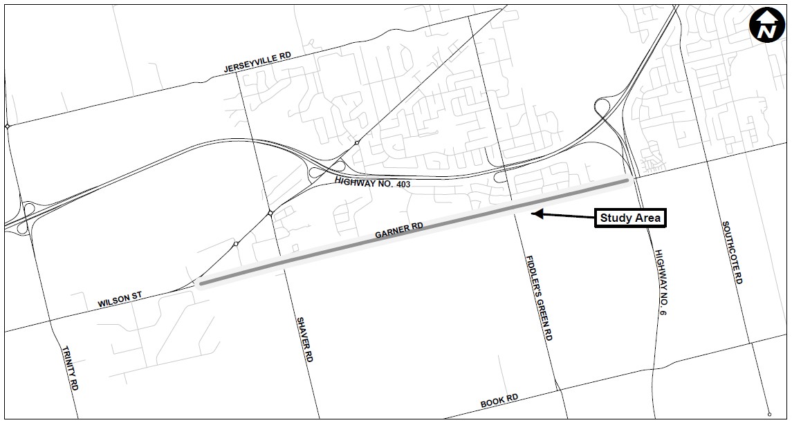 Study Area Map of Garner Road from Wilson Street to Highway 403 Off Ramp