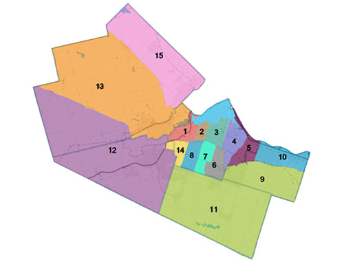 Map of coloured-coded wards in Hamilton