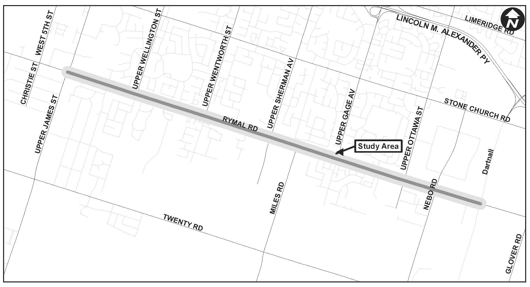 Study Area Map of Rymal Road from Upper James to Dartnall Road