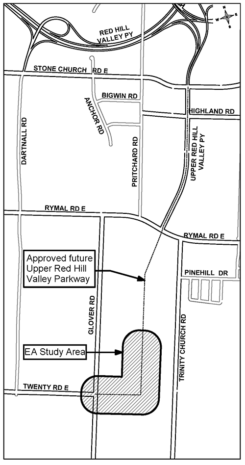 Study Area Map of Twenty Road East and Upper RHVP Extensions