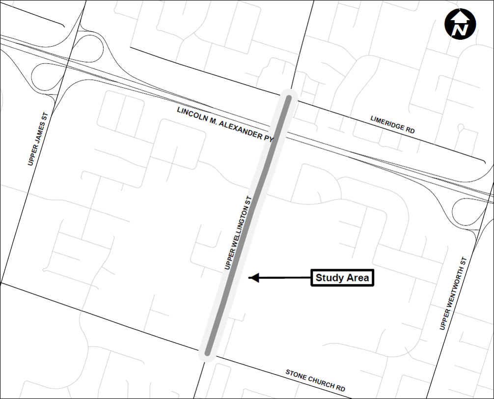 Study Area Map of Upper Wellington Street from Limeridge Road East and Stone Church Road East