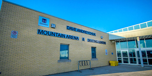 Front door entrance to Dave Andreychuk Mountain Arena & Skating Centre