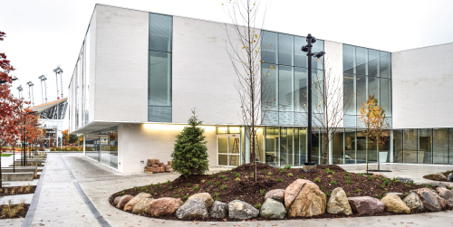 Front entrance and courtyard to Bernie Morelli Recreation Centre