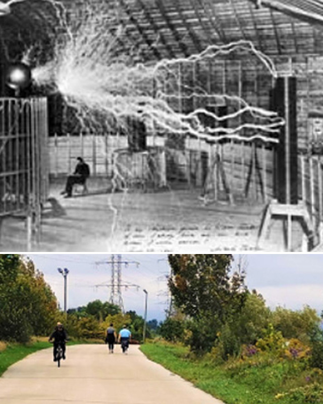 2 images - historic image of elctricity experiment and the confederation beach path 