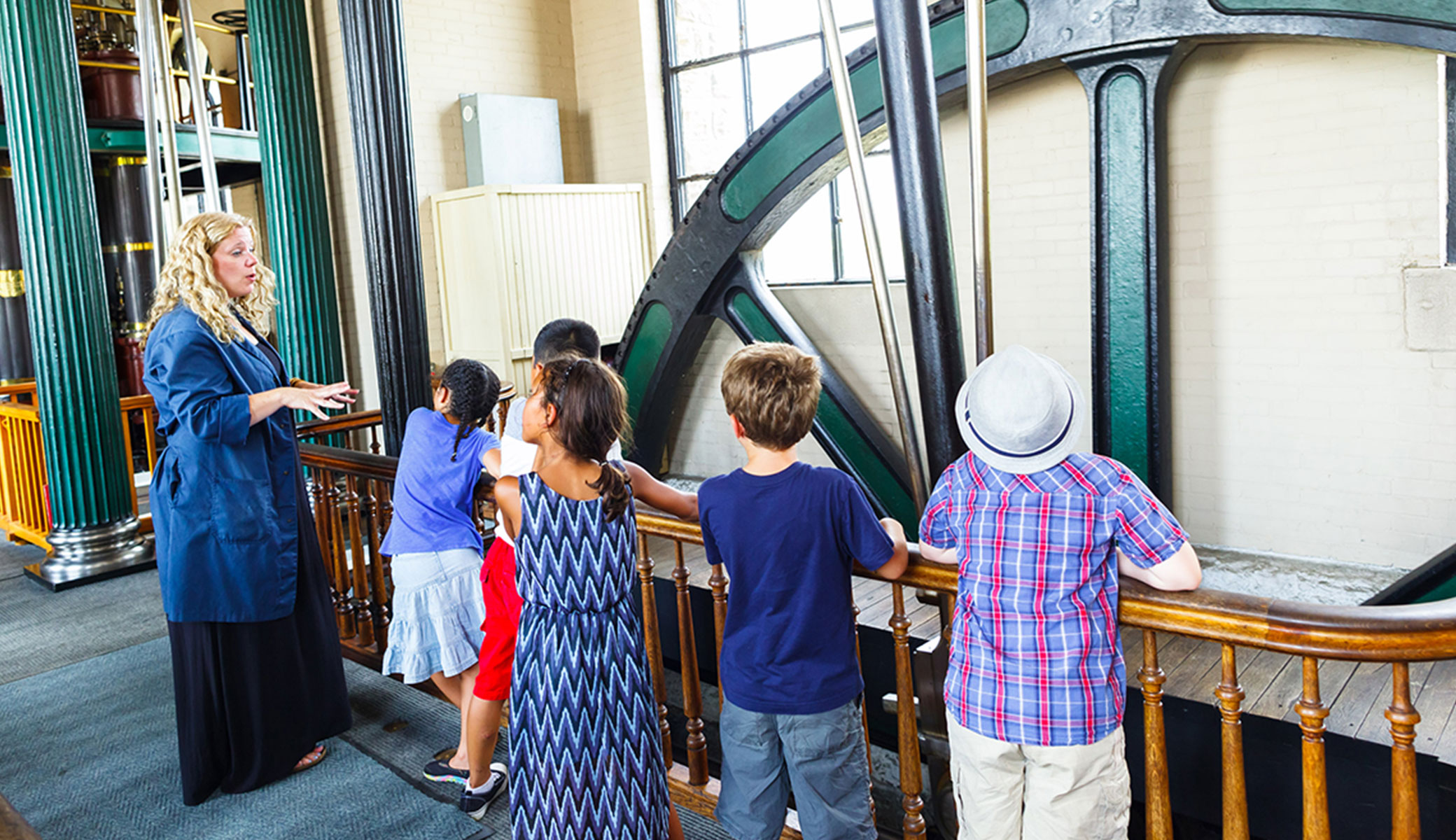 Children on tour of steam museum pumphouse