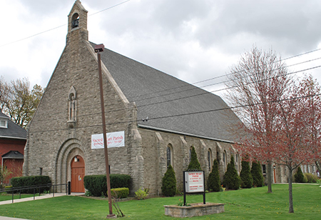 Grey brick church