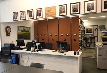 Office with desk and computer monitors