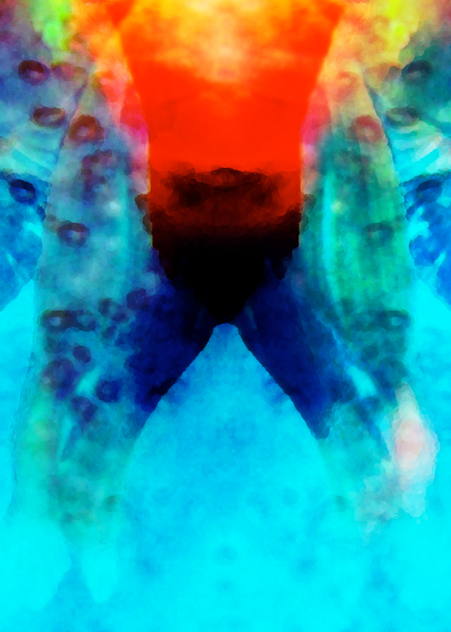 Mixed media painting in blues, greens, yellows, and reds