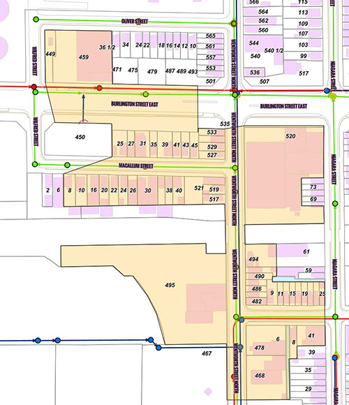 Map outlining all of the properties that are connected to the combined sewer that was spilling into the storm sewer.