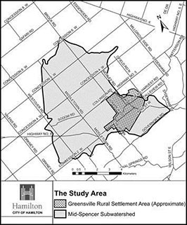 Map of study area outlining Greensville Rural Settlement Area within the Mid-Spence Subwatershed