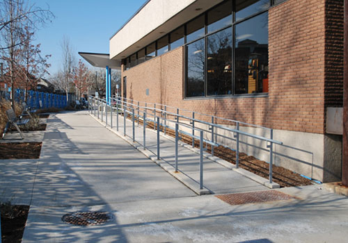 Accessible ramp leading into Hamilton Public Library - Dundas Branch