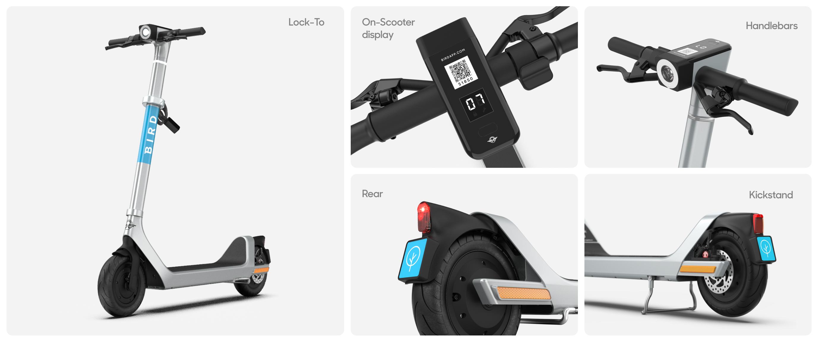 Full image of the Bird Canada e-scooter with zoomed in images of display, handlebars, rear wheel and kickstand.