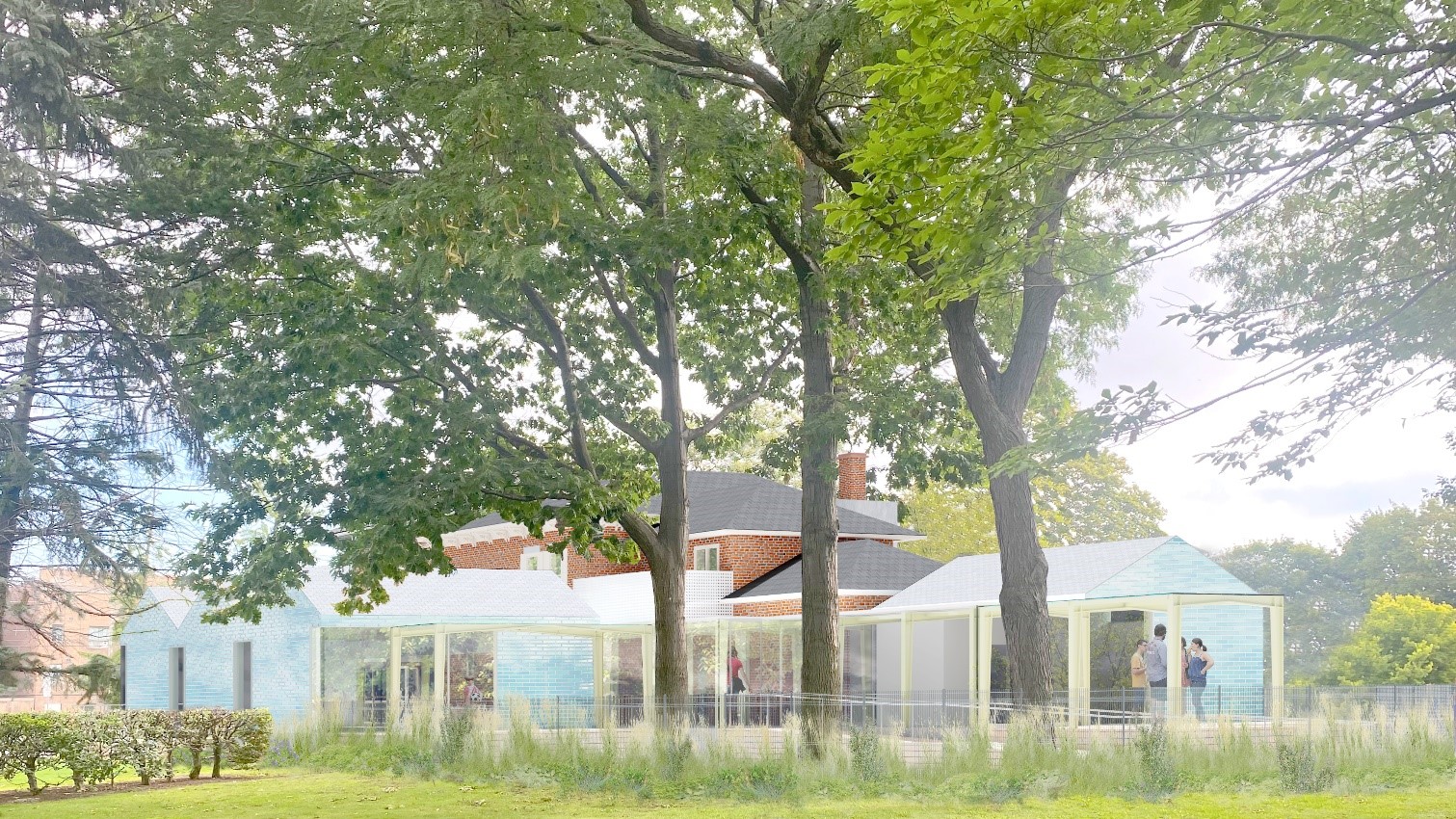 Rendering of Children's Museum with addition, decks and new trees and gardens.