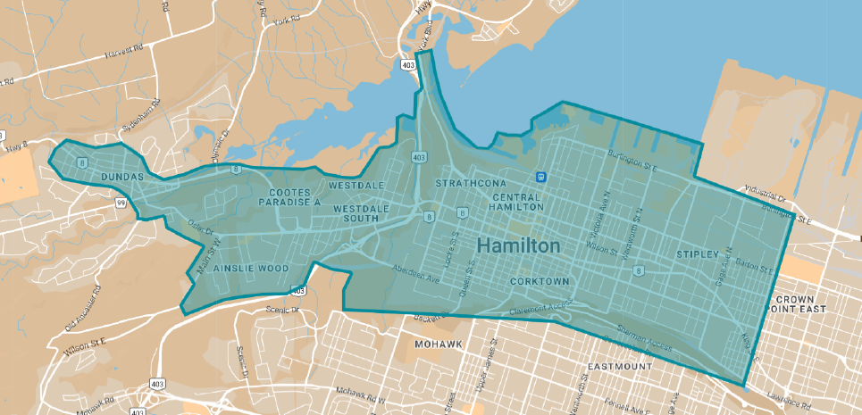 Service Area Map for E-scooter Service in Hamilton