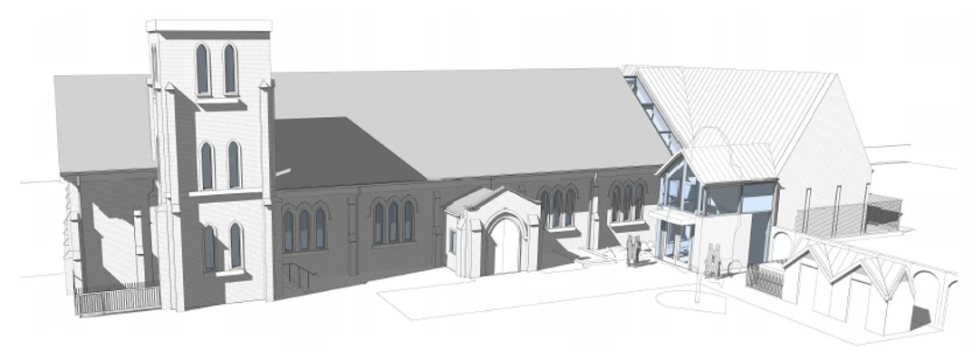 Exterior rending of birds eye view of St. Mark's Church from northeast