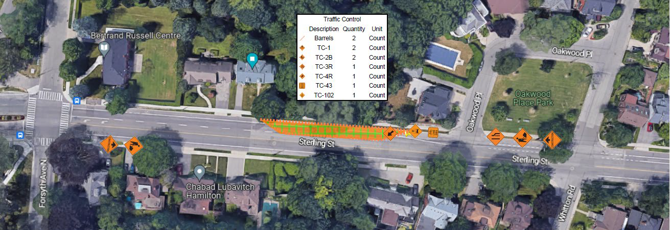 Aerial map of construction along Sterling Street for sewer chamber work