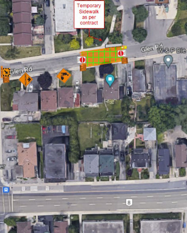 Aerial map of construction along Glen Road