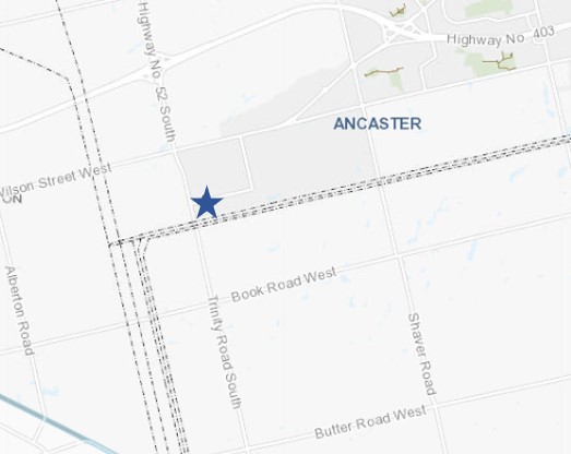 Street map of Ancaster with blue star representing 10 Cormorant Road