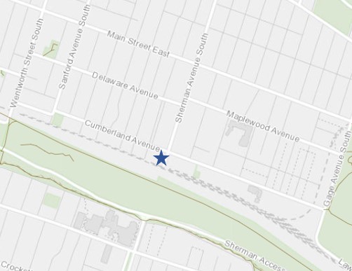 Street map of neighbourhood with blue star identifying 272 Sherman Ave S