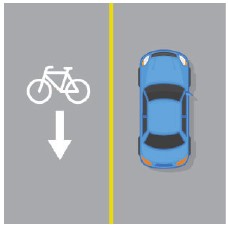 Bike symbol with straight arrow on one side of street, car on other side of street
