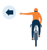 Rider on bike with left arm straight pointing left indicating left turn