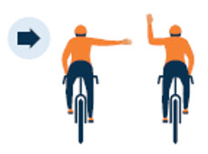 Rider on bike with left arm straight pointing right indicating right turn and rider on bike with left arm bent pointing upwards indicated right turn