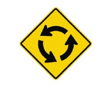 Yellow sign with arrows flowing in a circle indicating a roundabout