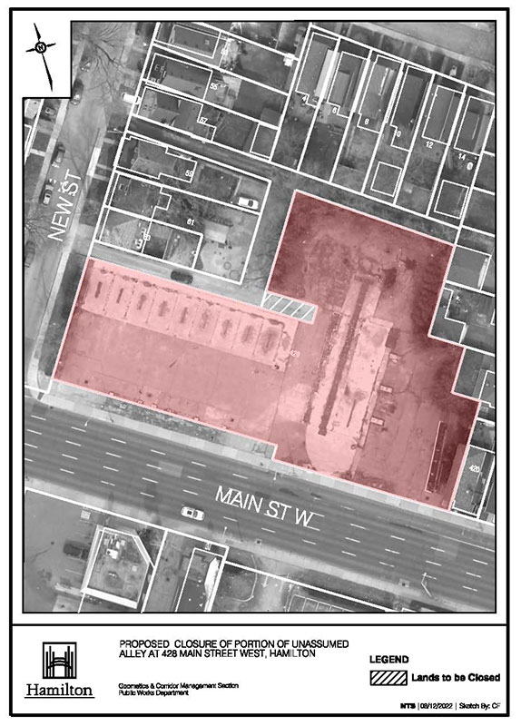 Aerial map of unassumed alley at 428 Main Street West, Hamilton