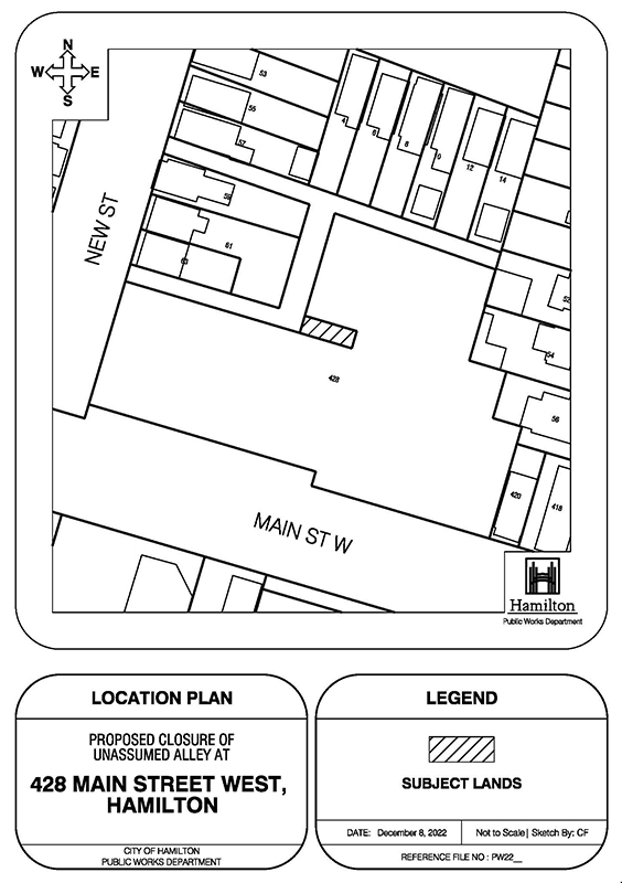 Location map of unassumed alley at 428 Main Street West, Hamilton