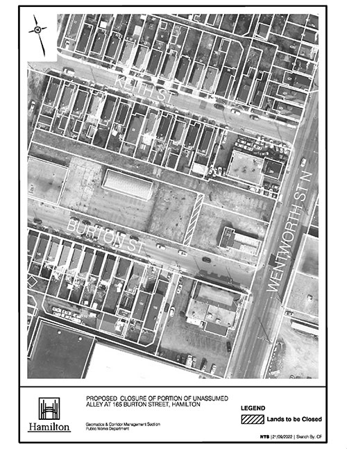 Aerial location map of unassumed alley at 165 Burton Street, Hamilton