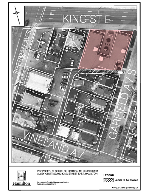 Aerial location map of unassumed alley at 932 King Street East, Hamilton