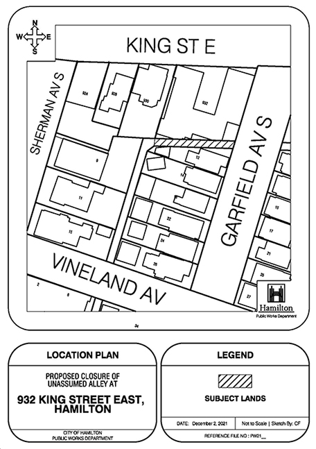 Location map of unassumed alley at 932 King Street East, Hamilton