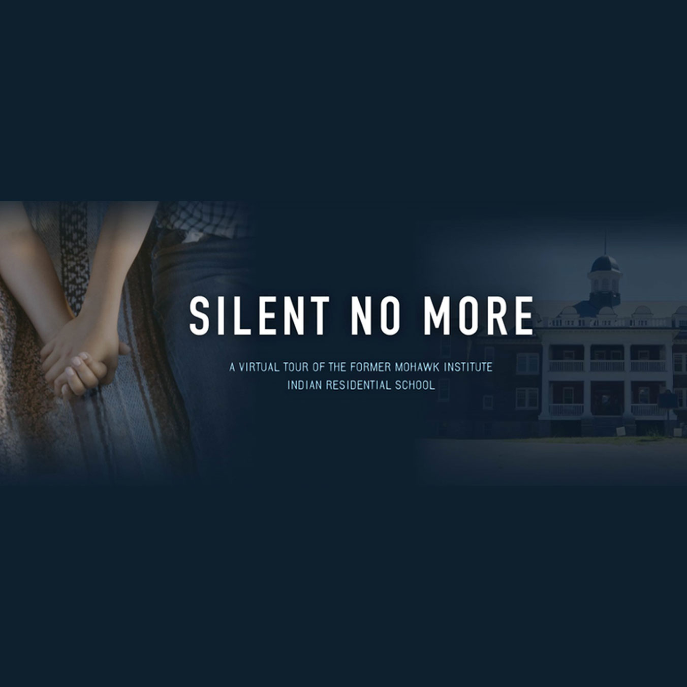 Text: "Silent No more" with children holding hands and a historic building in the background