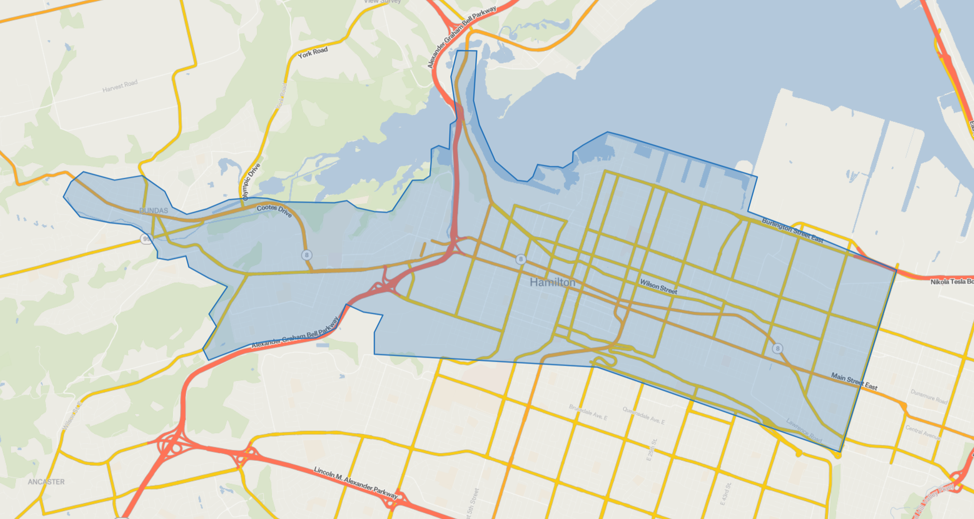 Service Area Map for E-scooter Service in Hamilton