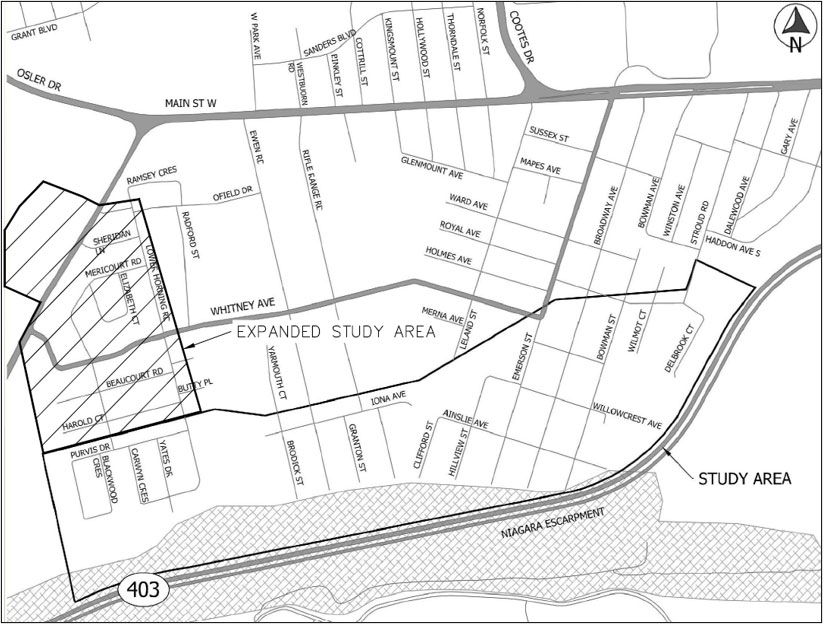 Map outlining the boundary and expanded study area of the Ainslie Wood Creek EA