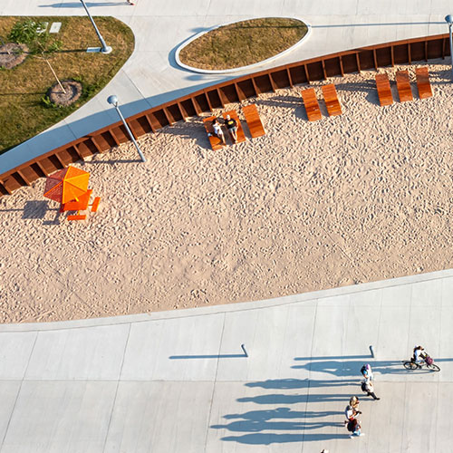 Copps Pier - redeveloped waterfront into a public space showcasing industrial past for Hamilton.