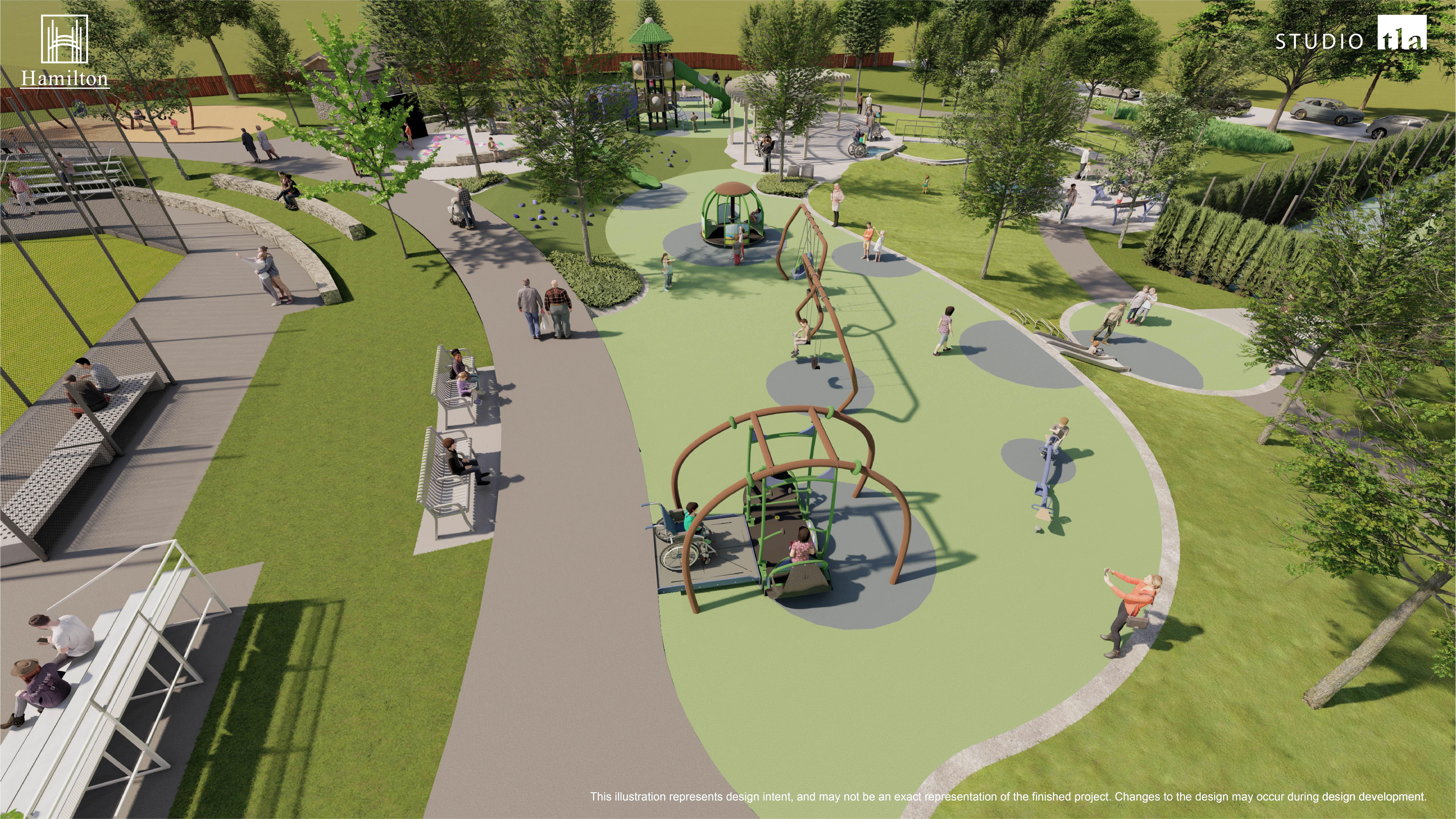Inch Park Illustration 3: Looking west into the inclusive play space